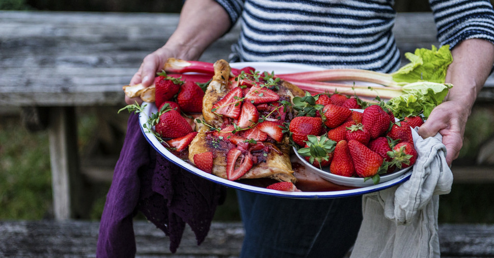 Cast Iron Roasted Chicken with Strawberry Rhubarb Balsamic Glaze