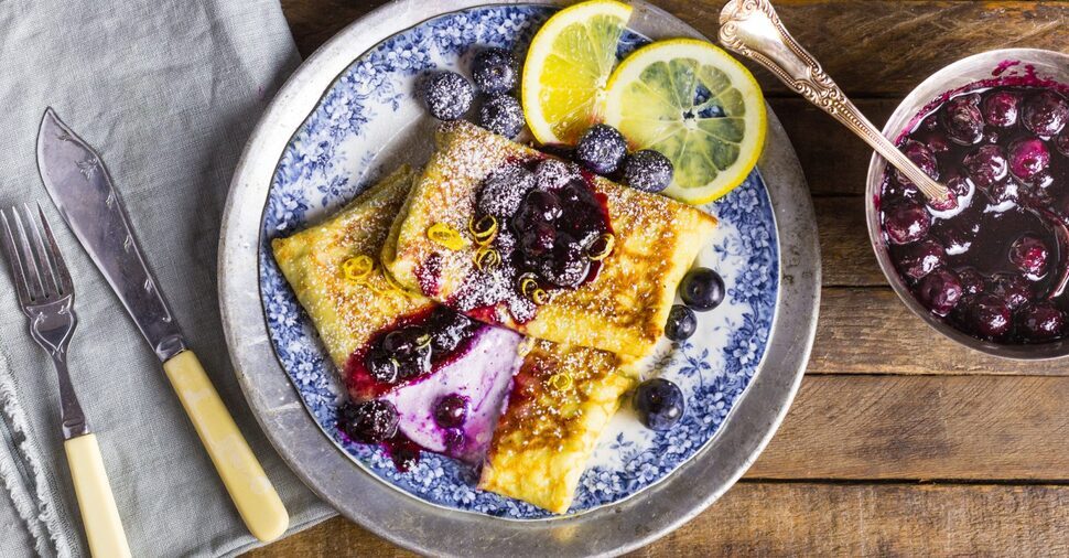 Cheese And Blueberry Blintzes With Blueberry Preserves Syrup