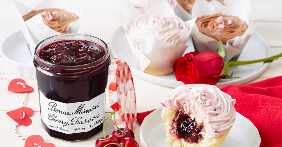 Cherry Filled Vanilla Cupcakes with Bonne Maman Preserves